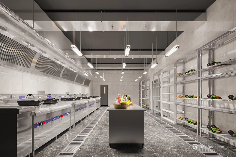 Commercial Restaurant Kitchen With Stainless Steel Equipment Shelves Fresh Ingredients Worktable And Lighting 3d model 