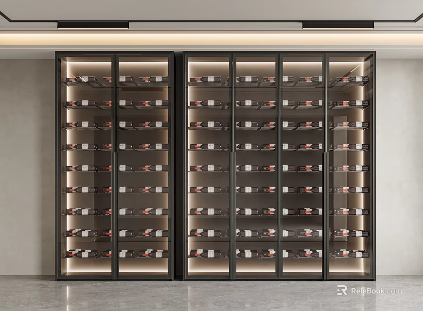 Modern Wine Cabinet With Glass Doors Interior Lighting And Organized Wine Bottle Shelves 3d model 