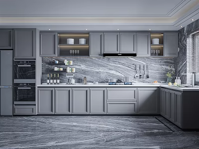Modern Kitchen Interior With Gray Cabinets Marble Island Countertops And Appliances 3d model