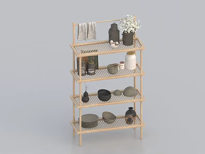 Practical Multi tiered Wooden Storage Shelf With Towel Vase Flowers Jars And Bowls 3d model