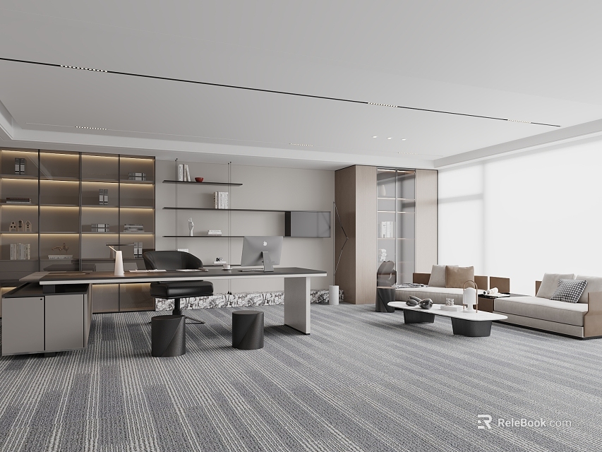 Modern Office Interior Design With Work Desk Bookshelves Sofa And Windows On Gray Carpet 3d model 