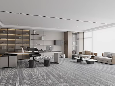 Modern Office Interior Design With Work Desk Bookshelves Sofa And Windows On Gray Carpet 3d model