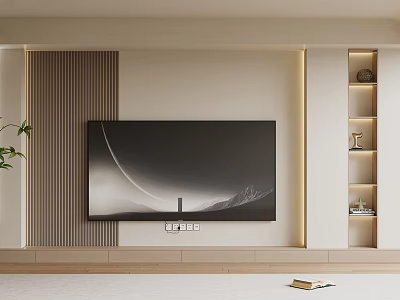 Minimalist TV Wall Design With Vertical Slats Recessed Lighting And Shelves 3d model