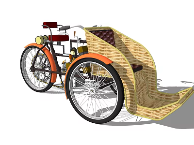 Classic Vintage Tricycle Featuring Orange Frame Wicker Seat And Red Cushion 3d model