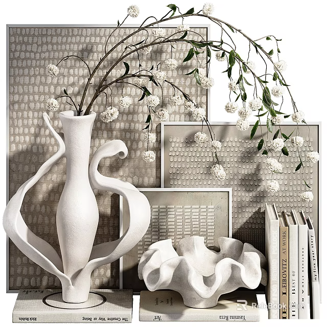 Decorative Ornaments Set With White Vase Flowers Branches Frames And Books For Home Decor 3d model 