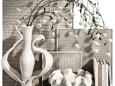 Decorative Ornaments Set With White Vase Flowers Branches Frames And Books For Home Decor 3d model