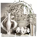 Decorative Ornaments Set With White Vase Flowers Branches Frames And Books For Home Decor