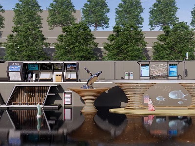 Modern Urban Station Architecture With Greenery Water Reflection And Art Installations 3d model