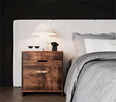Wooden Nightstand Next to Bed with White Lampshade Small Decor Light Headboard and Gray Bedding 3d model
