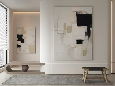 Modern Interior With Abstract Paintings Curved Bench Gray Rug And Wooden Stool 3d model
