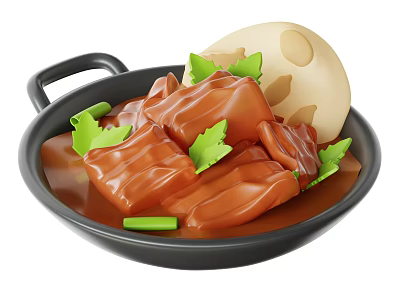 Tender Braised Pork Chunks in Black Pot with Fresh Green Leaves and Marbled Egg 3d model