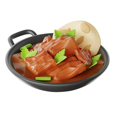 Tender Braised Pork Chunks in Black Pot with Fresh Green Leaves and Marbled Egg 3d model