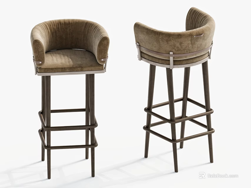 Modern Brown Bar Stools With Curved Velvet Backrest And Metal Legs 3d model 