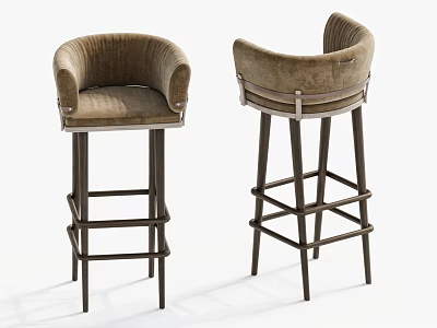 Modern Brown Bar Stools With Curved Velvet Backrest And Metal Legs 3d model