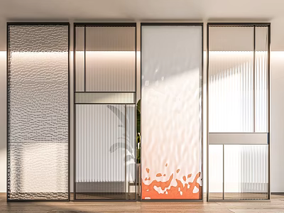 Modern Room Dividers With Textured Glass Panels Metal Frames And Orange Decorative Patterns 3d model