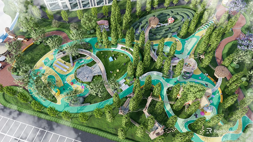 Outdoor Kids Play Area With Lush Green Trees Curved Paths And Adventure Play Structures 3d model 