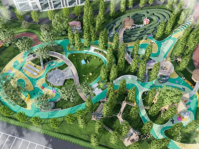 Outdoor Kids Play Area With Lush Green Trees Curved Paths And Adventure Play Structures 3d model