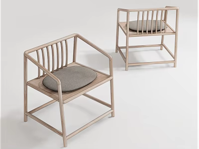 Minimalist Wooden Frame Armchairs With Gray Cushions And Vertical Slat Backrest 3d model