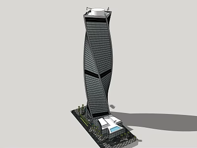 Tall Modern Office Building With Unique Twisted Architecture And Landscaped Base Platform 3d model