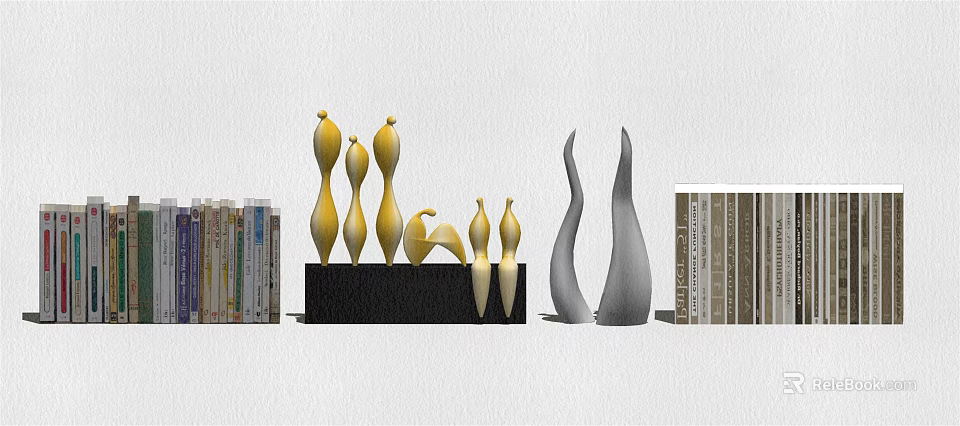 Elegant Yellow And Gray Abstract Sculptural Decorative Ornaments Set By Bookshelves 3d model 