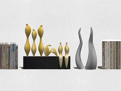 Elegant Yellow And Gray Abstract Sculptural Decorative Ornaments Set By Bookshelves 3d model