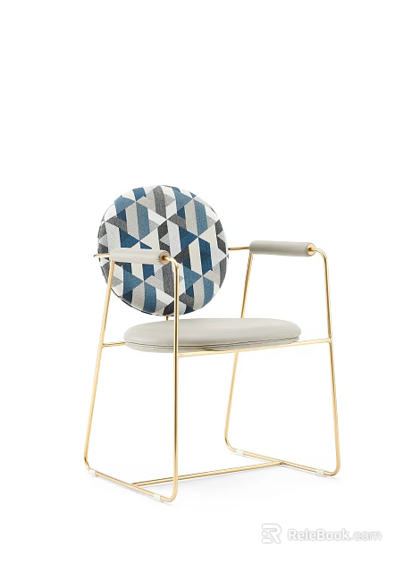 Lounge Chair With Round Blue White Geometric Pattern Backrest Gold Metal Frame And Gray Cushion 3d model 