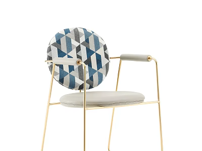 Lounge Chair With Round Blue White Geometric Pattern Backrest Gold Metal Frame And Gray Cushion 3d model