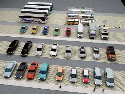 Various Colored Cars And Different Models Parked In Parking Lot With Bus Models 3d model