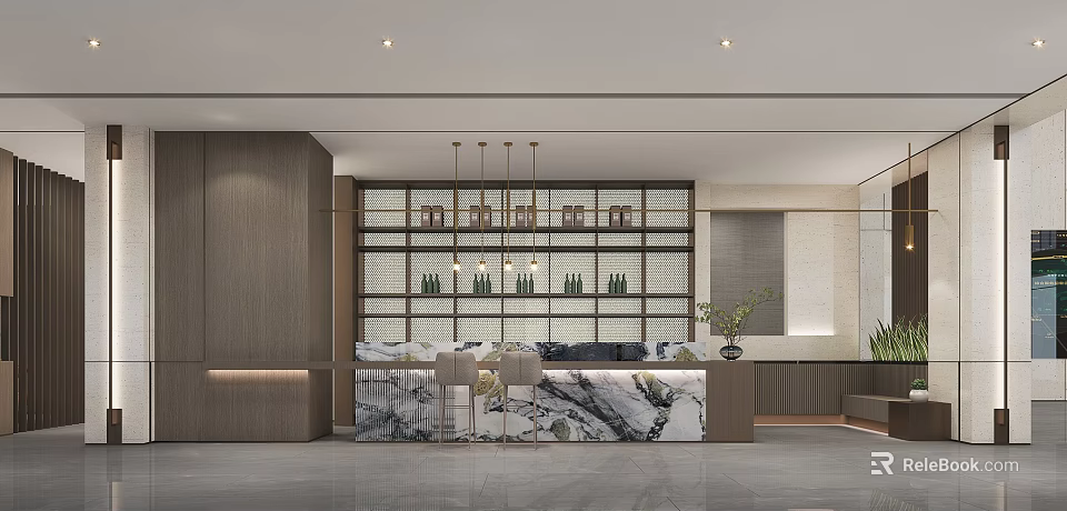 Modern Sales Office Interior Design With Marble Reception Counter Wooden Shelves And Pendant Lights 3d model 