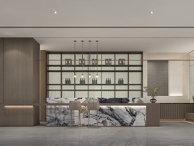 Modern Sales Office Interior Design With Marble Reception Counter Wooden Shelves And Pendant Lights 3d model