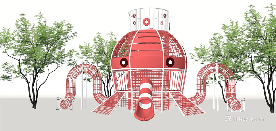 Red Octopus Shaped Playground Equipment With Multiple Slides And Climbing Net 3d model 