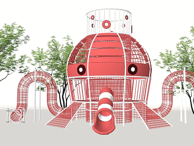 Red Octopus Shaped Playground Equipment With Multiple Slides And Climbing Net 3d model