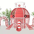 Red Octopus Shaped Playground Equipment With Multiple Slides And Climbing Net