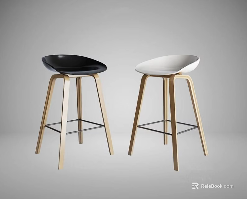 Modern Black And White Bar Stools With Curved Seats And Wooden Legs 3d model 