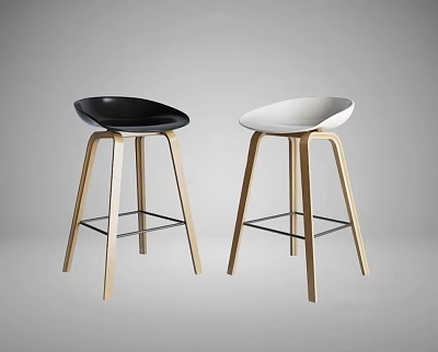 Modern Black And White Bar Stools With Curved Seats And Wooden Legs 3d model