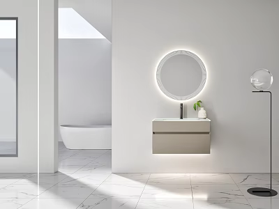Modern Bathroom Vanity Cabinet With Round Illuminated Mirror And Marble Floor 3d model