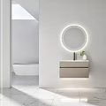 Modern Bathroom Vanity Cabinet With Round Illuminated Mirror And Marble Floor