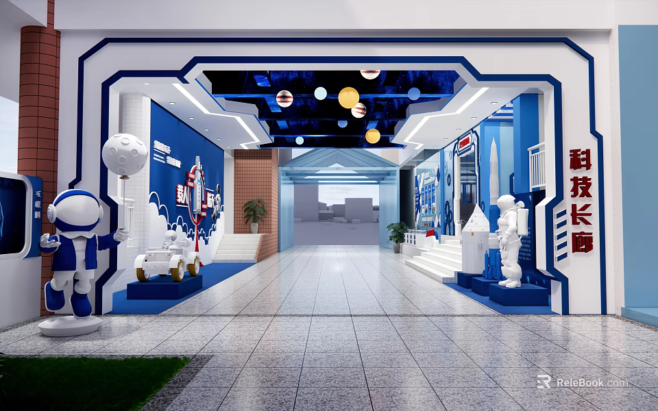 School Science and Technology Corridor with Blue White Decor Exhibition Areas and Hanging Planet Ornaments 3d model 