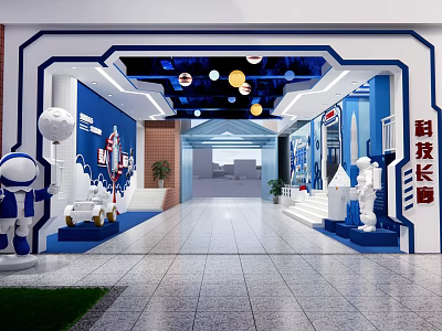 School Science and Technology Corridor with Blue White Decor Exhibition Areas and Hanging Planet Ornaments 3d model