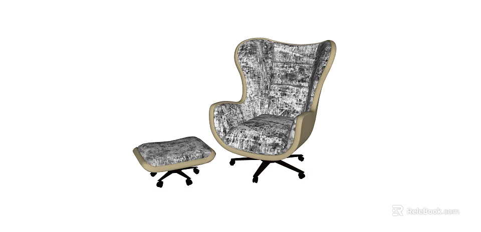 Modern Wingback Single Seater Sofa with Patterned Fabric Ottoman and Neutral Trim 3d model 
