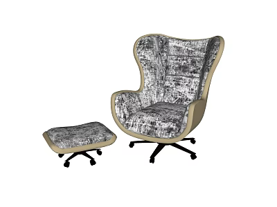 Modern Wingback Single Seater Sofa with Patterned Fabric Ottoman and Neutral Trim 3d model