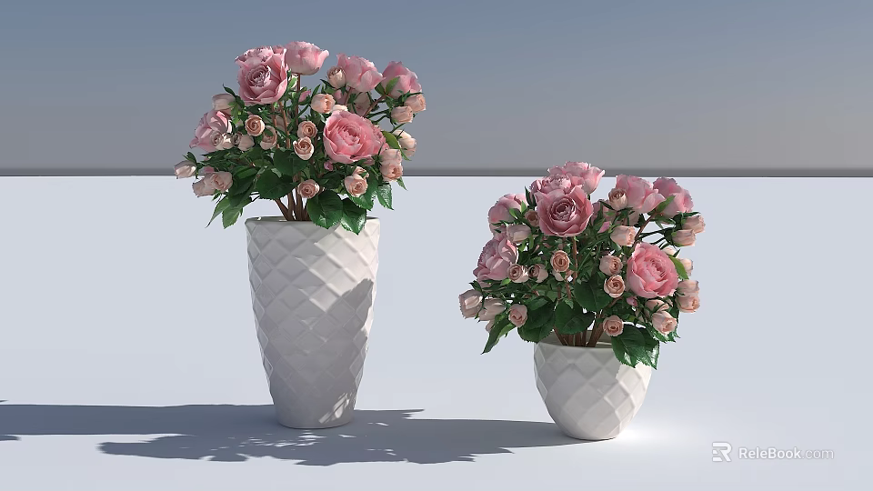 Pink Roses Arranged In White Diamond Pattern Vases With Green Leaves 3d model 