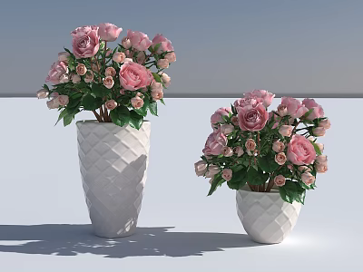 Pink Roses Arranged In White Diamond Pattern Vases With Green Leaves 3d model