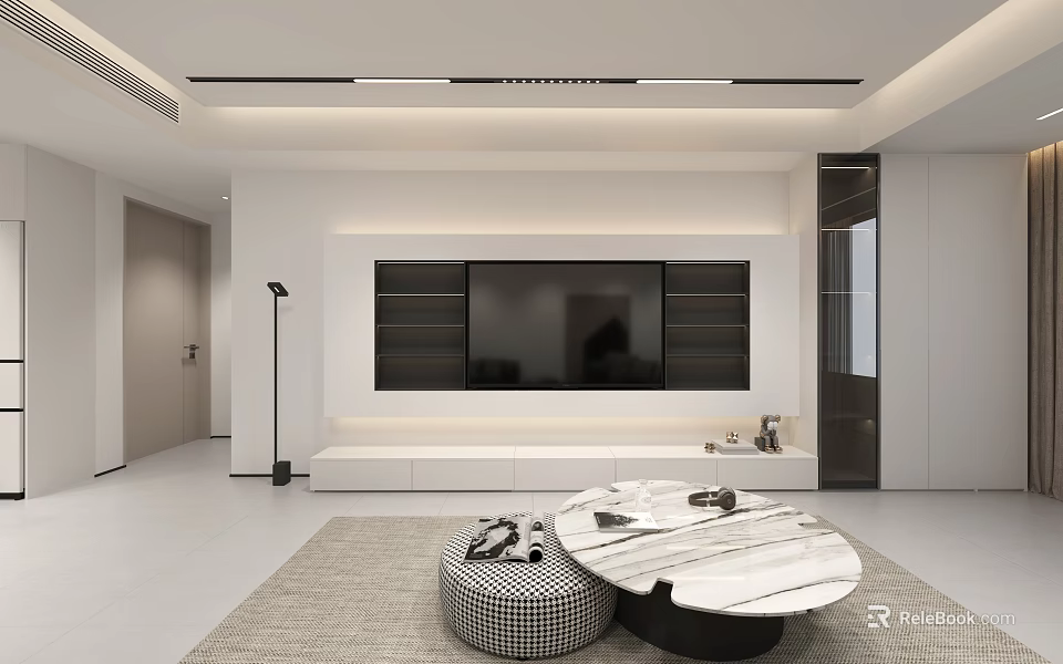 Modern Minimalist Living and Dining Room With Built In TV Wall And Marble Coffee Table 3d model 