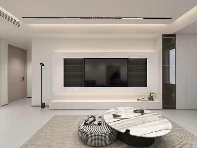 Modern Minimalist Living and Dining Room With Built In TV Wall And Marble Coffee Table 3d model