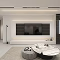 Modern Minimalist Living and Dining Room With Built In TV Wall And Marble Coffee Table