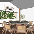 Chinese Style Private Dining Room With Round Marble Table Rattan Chairs And Green Plants