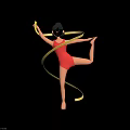 Woman Performing Rhythmic Gymnastics With Yellow Ribbon In Red Leotard Balancing On One Leg