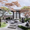 Karesansui Dry Landscape Garden with Traditional Japanese Architecture Rocks Gravel Stepping Stones and Trees