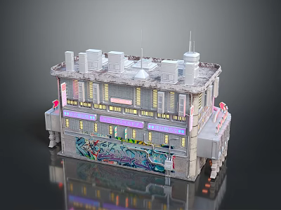 Cyberpunk Style Multi Story Building With Neon Lights And Colorful Graffiti Exterior 3d model